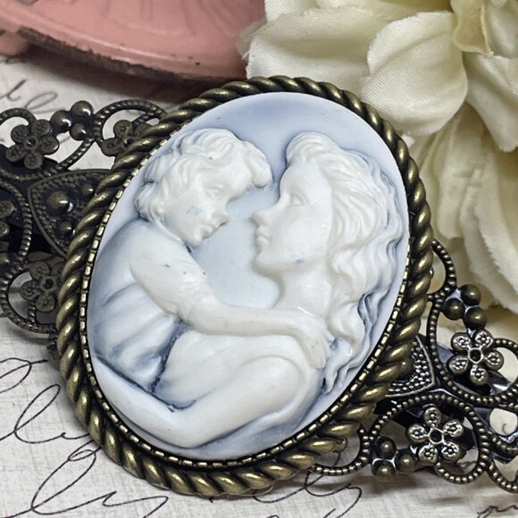 Blue White Mother Child Christmas Gift Mom New Cameo Pin Hair Clip Jewelry Comb - Picture 8 of 12